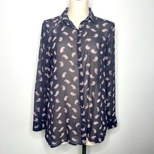 Talbots Gray Pink Paisley Button Down Shirt Sheer Long Sleeve Medium